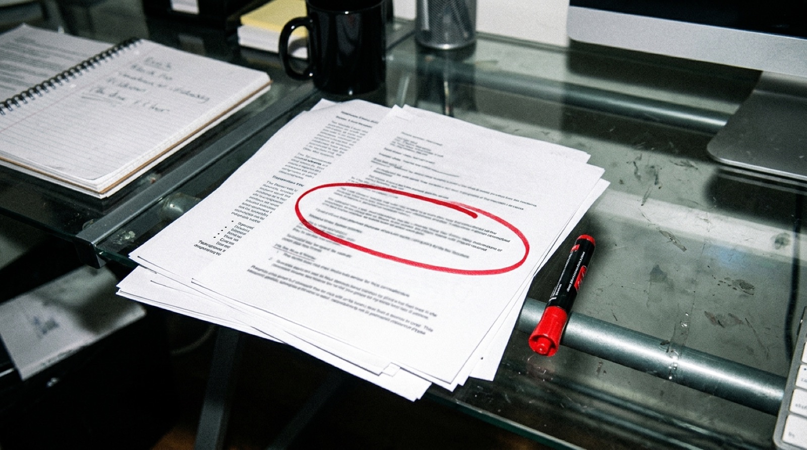 Stapel geprinte offertes op een glazen bureau, één bedrag rood omcirkeld